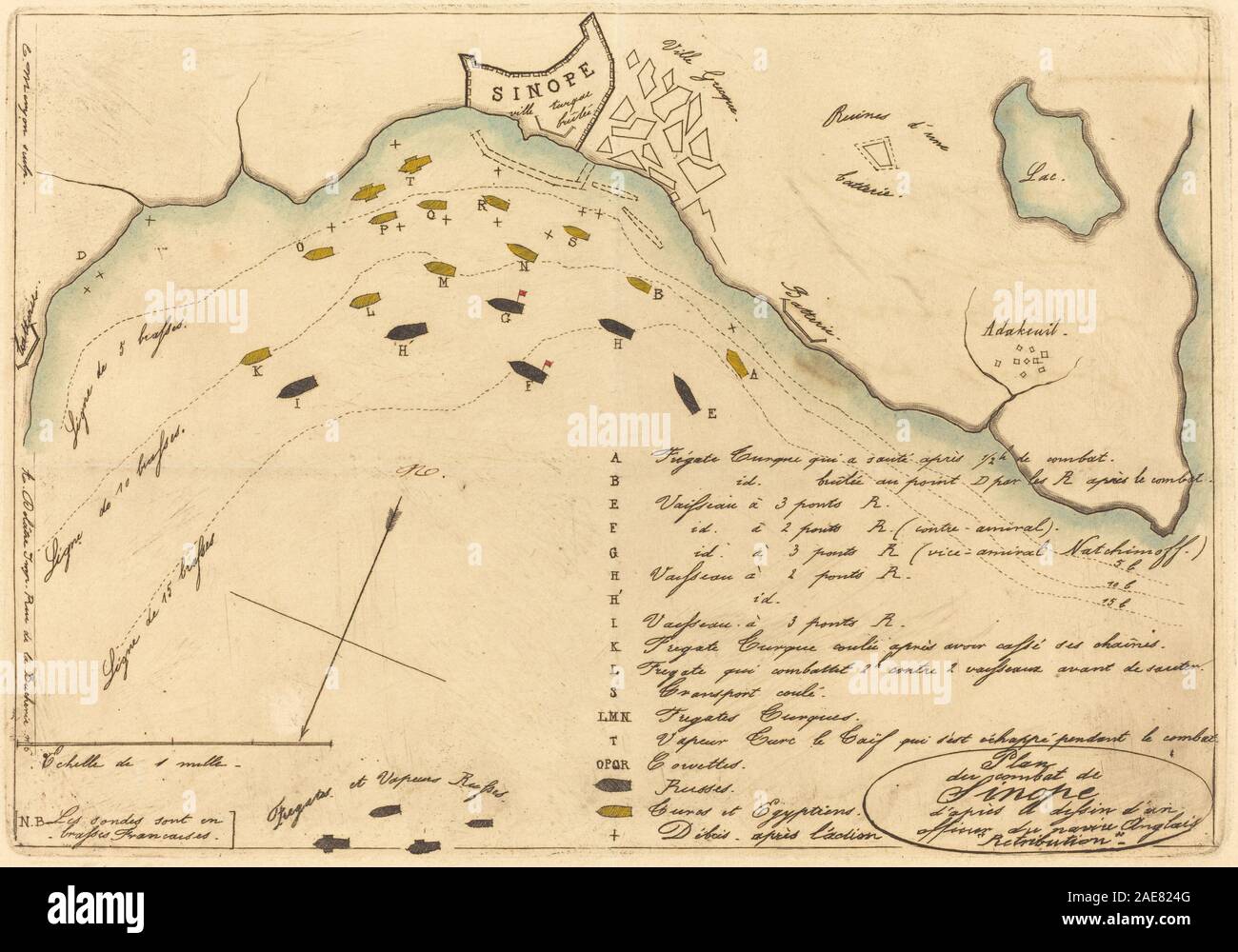 Gravure créée en 1853 par Charles Meryon représentant la bataille de Sinope, montrant des navires, des combats navals, des canons et des formations militaires de l'époque. L'œuvre illustre l'histoire navale française du milieu du XIXe siècle et la technique de gravure. Banque D'Images