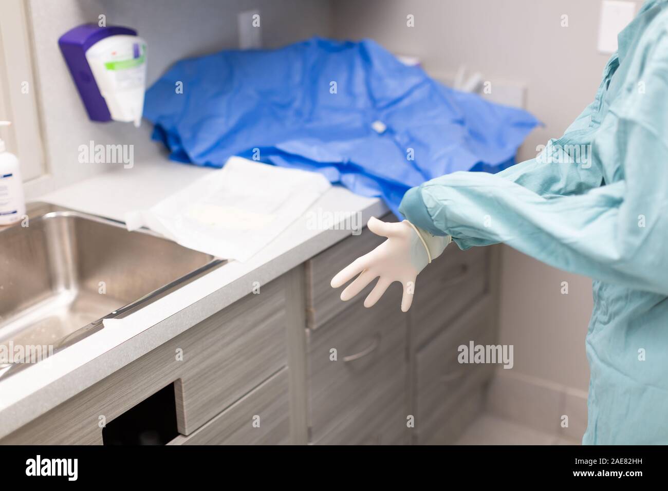 Un chirurgien vétérinaire passe par un examen complet de pré-chirurgie pratique de frotter puis gowing jusqu'à la chirurgie. Banque D'Images