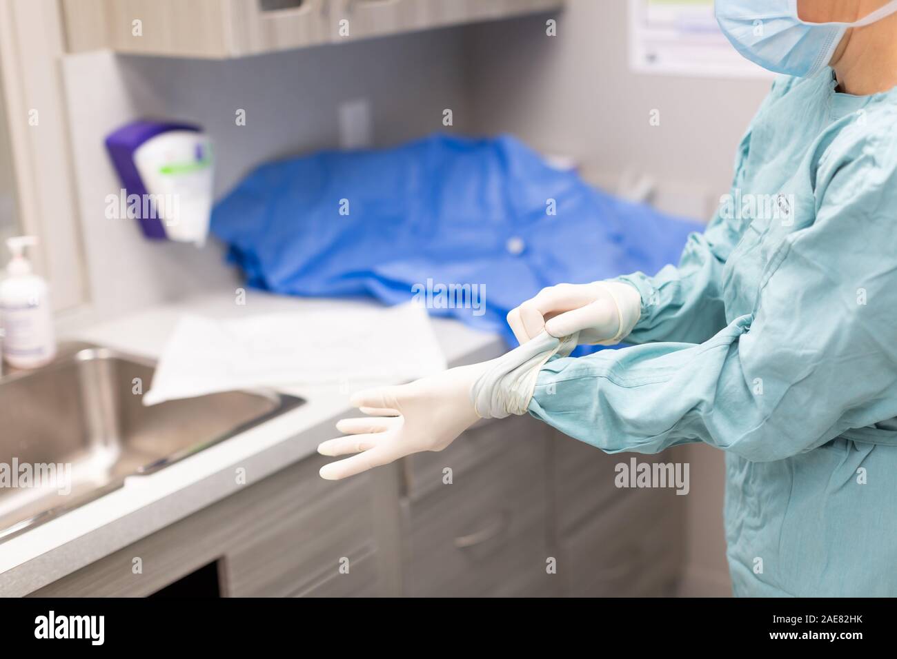 Un chirurgien vétérinaire passe par un examen complet de pré-chirurgie pratique de frotter puis gowing jusqu'à la chirurgie. Banque D'Images