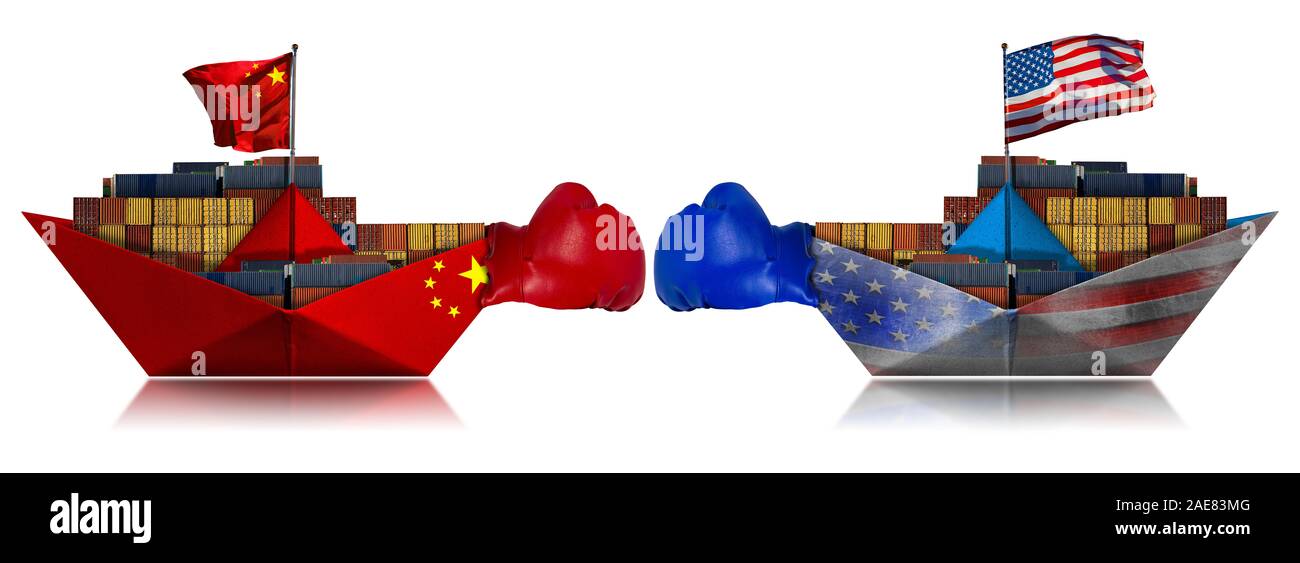 USA et Chine guerre commerciale concept. Deux conteneurs de fret avec des gants de boxe et les Chinois et les États-Unis d'Amérique drapeau. Isolated on white Banque D'Images