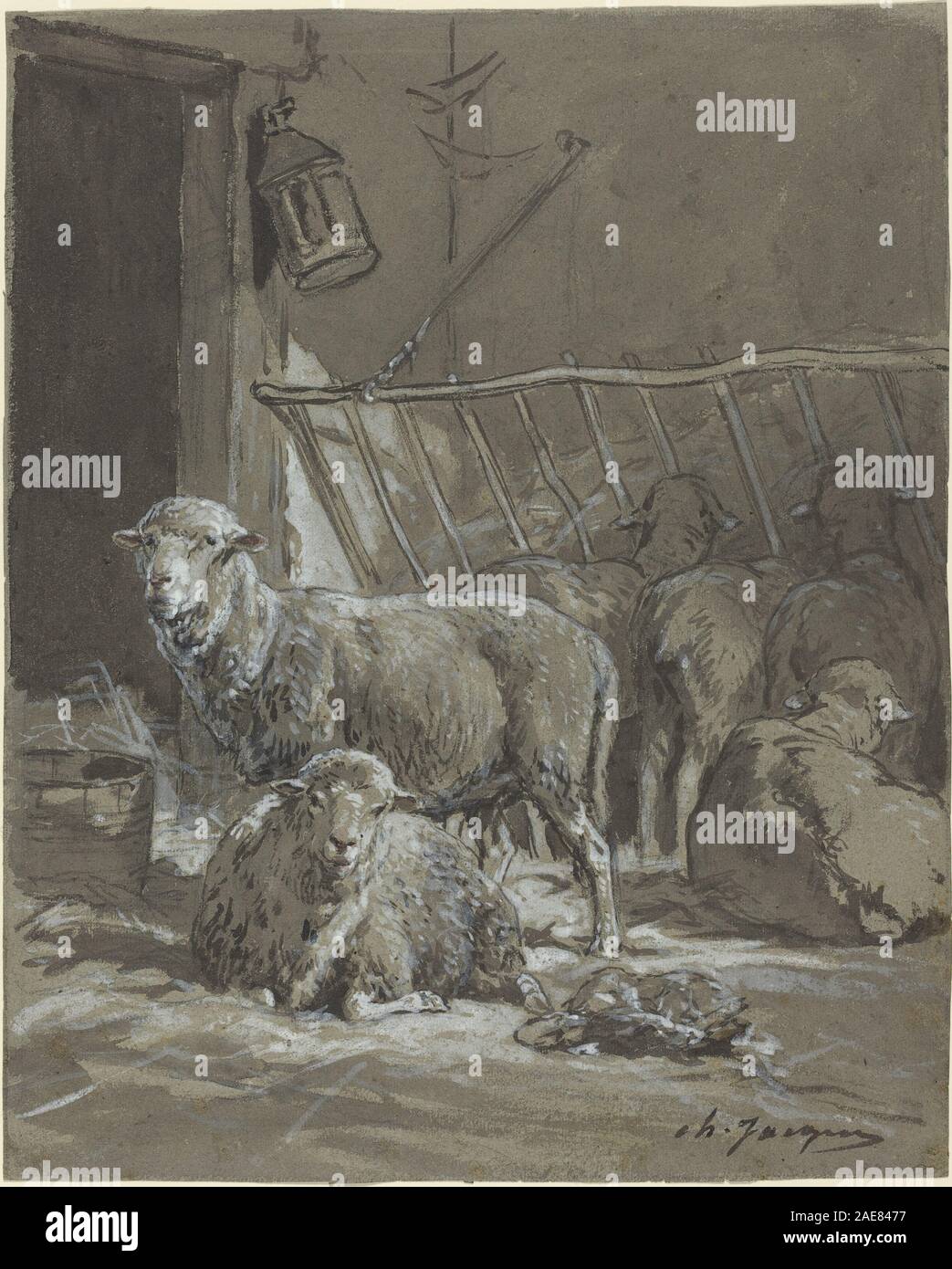 Moutons dans une crèche Charles Émile Jacque, les moutons dans une crèche Banque D'Images
