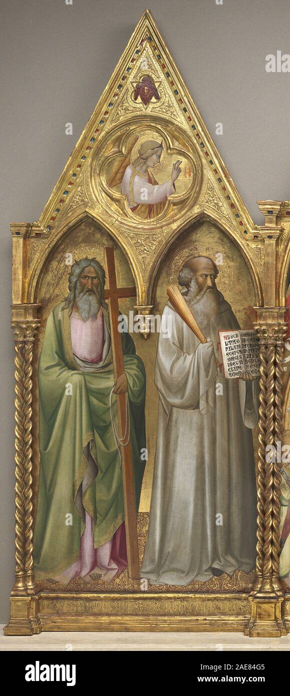Peinture sur panneau réalisée par Agnolo Gaddi peu avant 1387, représentant Saint André, Saint Benoît et l'Archange Gabriel, représentant des figures religieuses, des halos, des robes et une composition de style gothique à la fin du XIVe siècle en Italie. Banque D'Images