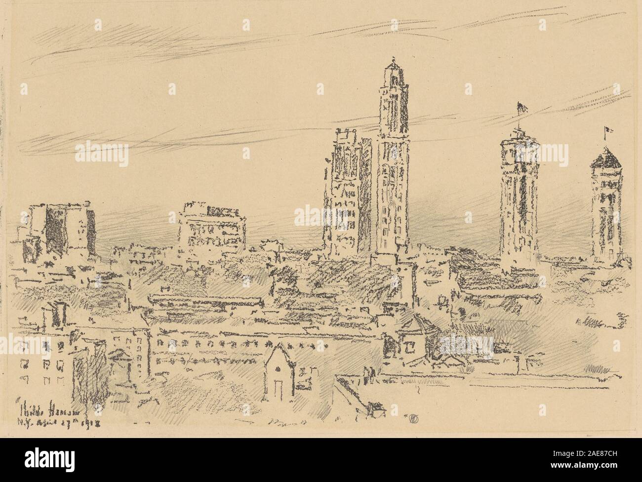 Peinture 'New York Sky Line, Light Buildings' de Childe Hassam, 1918, représentant la ligne d'horizon de la ville avec des bâtiments, des détails architecturaux et des effets de lumière urbaine. Banque D'Images