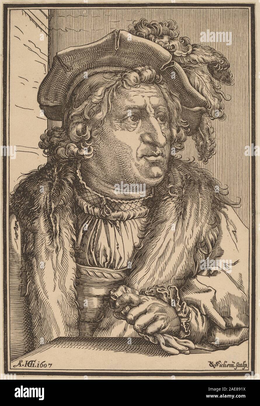 Homme avec un chapeau à plumes ; après la date 1607 Christoffel van Sichem Hendrik Goltzius, après je l'homme avec un chapeau à plume, après 1607 Banque D'Images