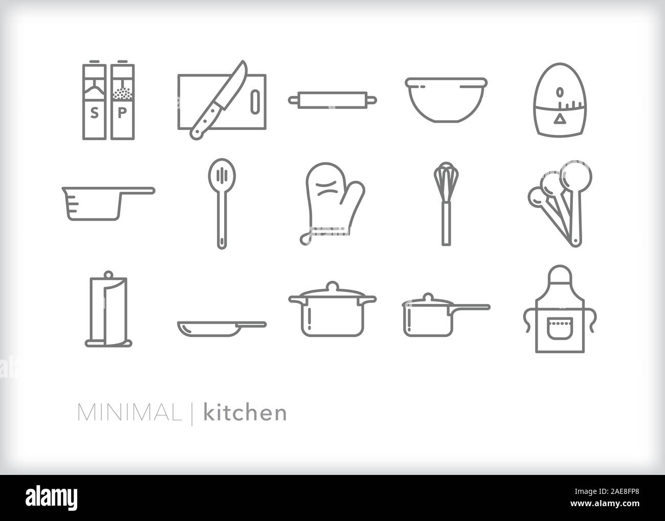 Ensemble d'icônes de ligne de cuisine pour la préparation, la cuisson et la cuisson à la maison ou dans un restaurant. Illustration de Vecteur