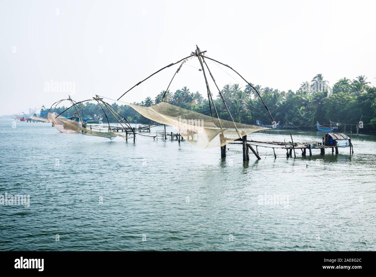 Filets de pêcheurs chinois le long de la voie navigable le long kottapuram kollam palm tree river shore, Kerala, Inde Banque D'Images