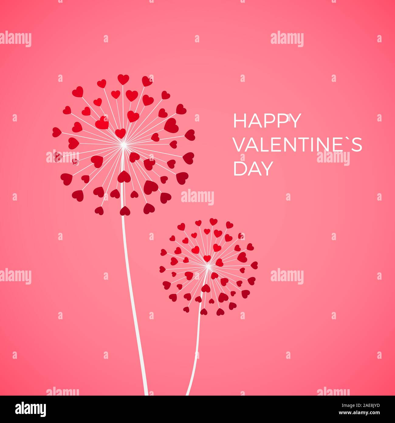 Couple de pissenlit avec coeurs rouges. Happy Valentine day Greeting card sur fond rose. White blowball avec cœur rouge symbole d'amour. Vector Illustration de Vecteur