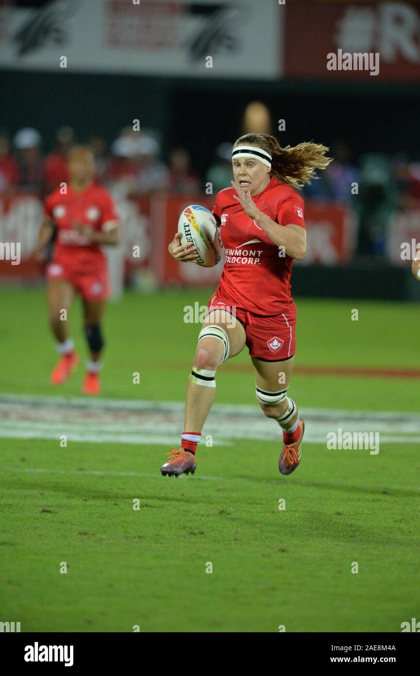 Dubaï, Émirats arabes unis, 7 décembre 2019. L'action de la finale des femmes de la unis Dubaï 2019 Tournoi de rugby à 7, partie de la HSBC 2019 World Series. La Nouvelle-Zélande a battu le Canada 17 - 14 pour gagner la finale des femmes Banque D'Images