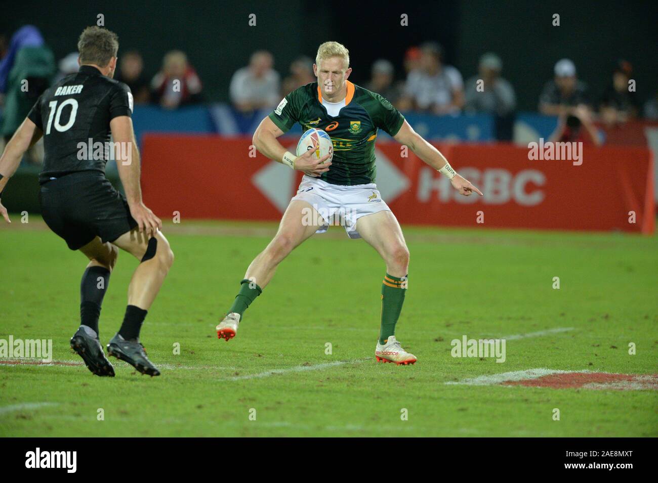 Dubaï, Émirats arabes unis, 7 décembre 2019. Action de la finale chez les hommes de la unis Dubaï 2019 Tournoi de rugby à 7, partie de la HSBC 2019 World Series. Détail de l'Afrique du Sud a battu la Nouvelle-Zélande 15 - 0 pour gagner la finale chez les hommes Banque D'Images