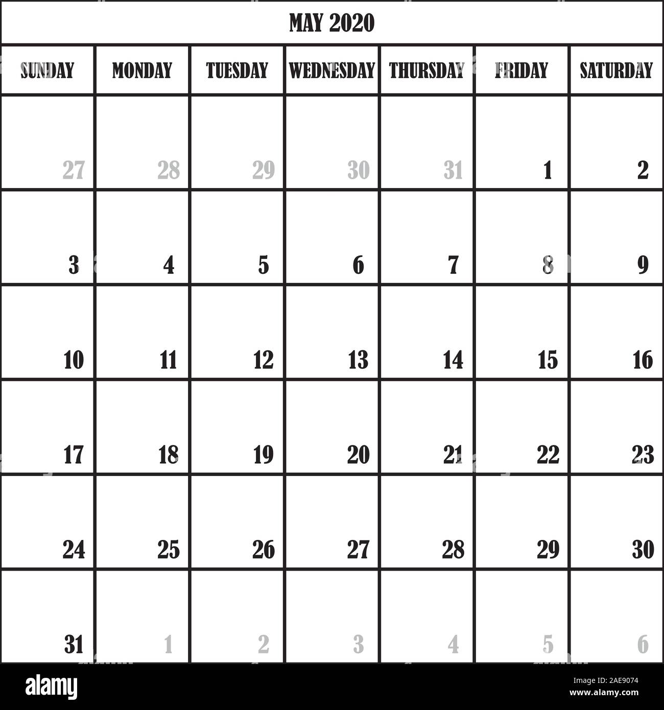 Planificateur de calendrier mois mai 2020 sur fond transparent Illustration de Vecteur