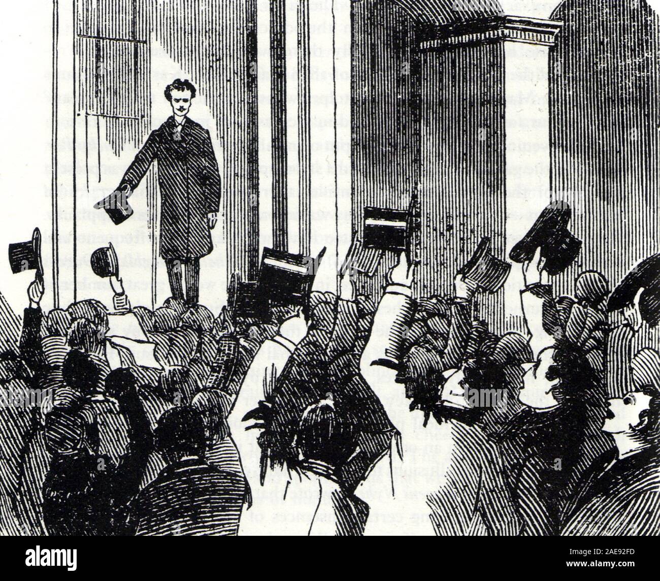 Illustration de journal d'août Strindberg réception à son retour à Stockholm le 20 octobre 1884 pour faire face à des accusations de blasphème résultant d'une histoire dans le premier volume de sa collection mariage. Banque D'Images