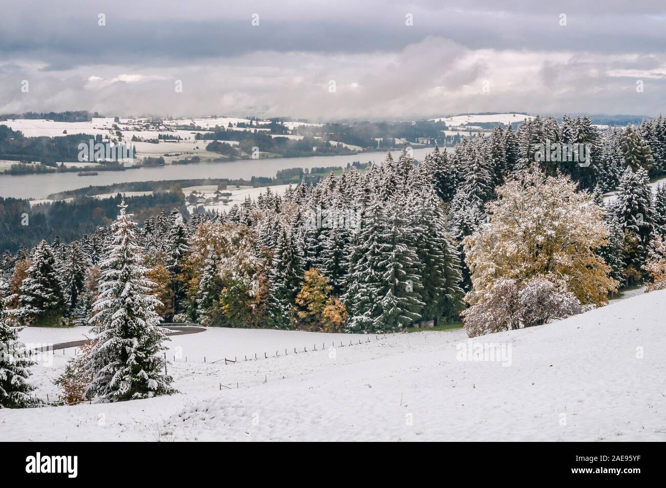 Lake,Rottachsee première neige en automne, vu de Brosiselleg, Allgaeu, Bavaria, Germany Banque D'Images