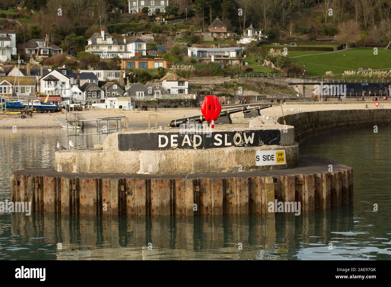 Une connexion très lente et des canons sur le bras de l'est du port de Lyme Regis. Lyme Regis est situé sur la côte du patrimoine ou de la côte jurassique, et le port Banque D'Images