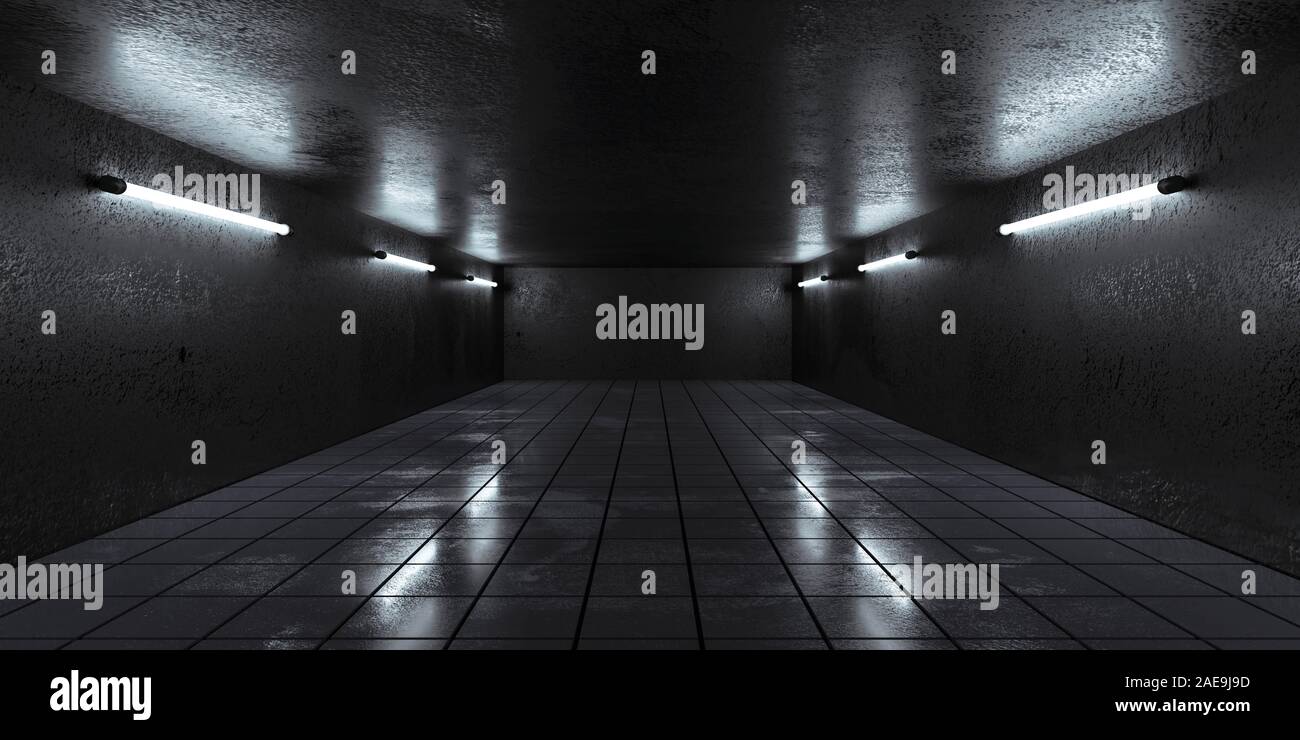 Sous-sol en béton souterrain avec clé faible éclairage bleu grunge background industriel béton rendu 3d illustration Banque D'Images
