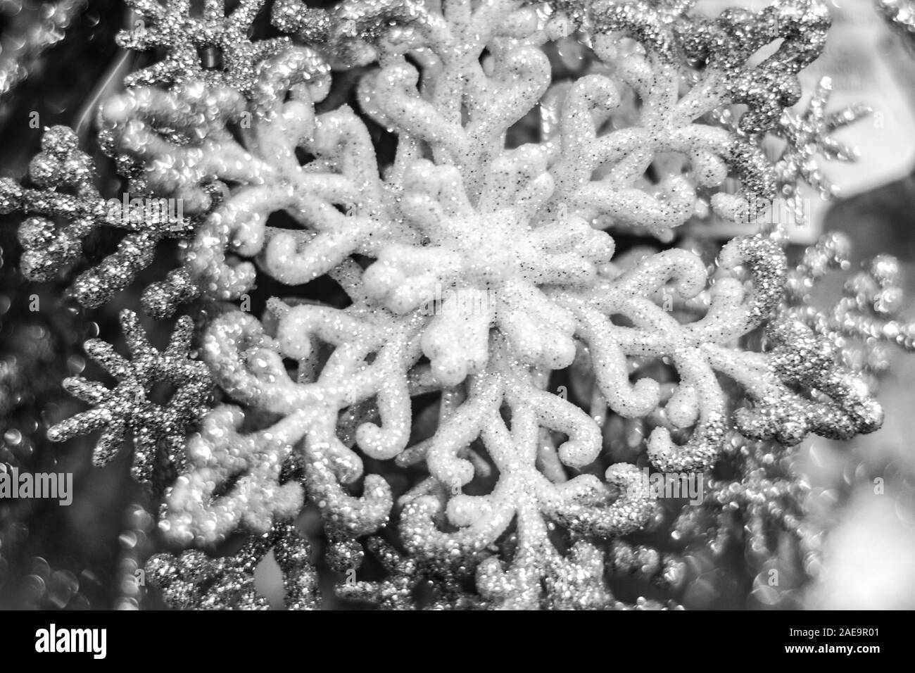 Grands flocons de neige blancs et argentés étincelants avec ornement en forme de curly. Fond de Noël à mise au point douce noir et blanc. Banque D'Images