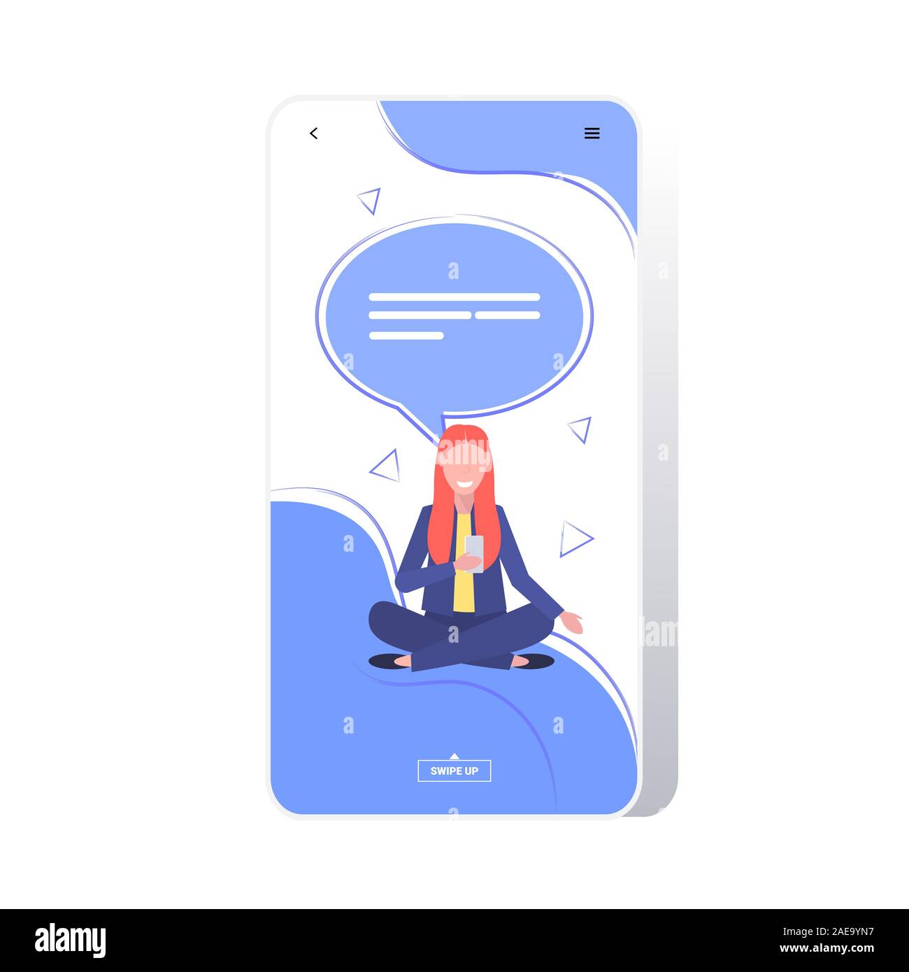 Woman using smartphone app chat mobile social network communication concept fille assise avec bulle de chat en ligne de l'application Messagerie vocale d'illustration vectorielle pleine longueur Illustration de Vecteur