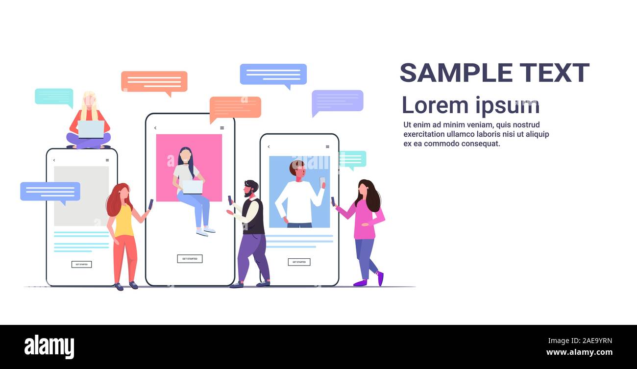 Mélanger à l'aide les personnes à discuter des applications sur tous les appareils numériques de réseau social appel vidéo chat bubble concept communication écrans smartphone application mobile en ligne horizontale pleine longueur vector illustration Illustration de Vecteur