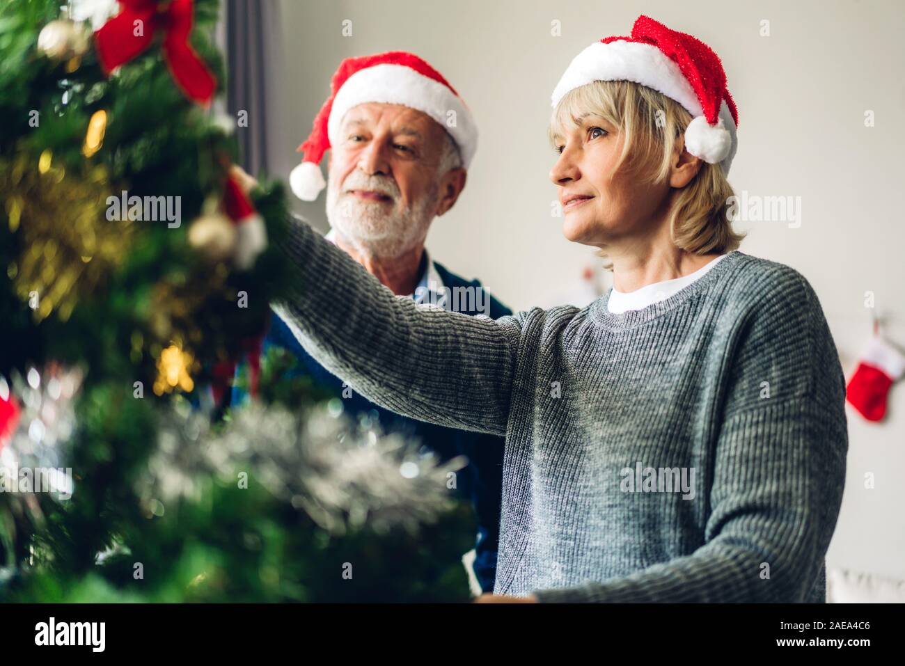 Doux romantique senior couple relaxing decorating Christmas Tree et souriant tout en célébrant l'nouvel an et profiter de passer du temps ensemble en chr Banque D'Images