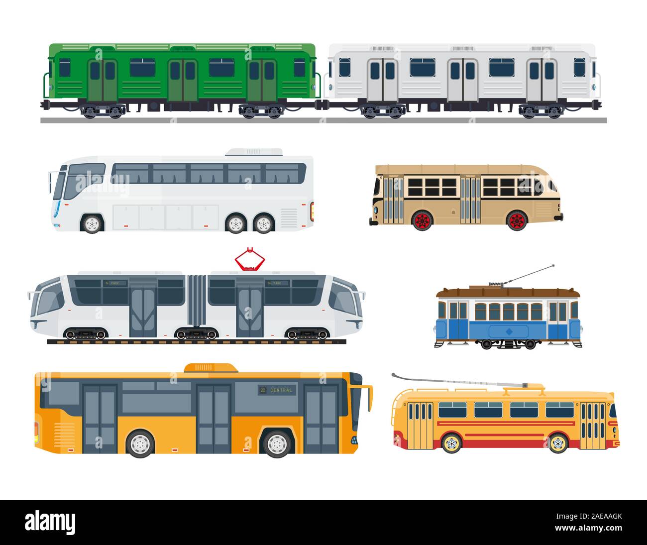 Trains et tramways transports collection side view Illustration de Vecteur