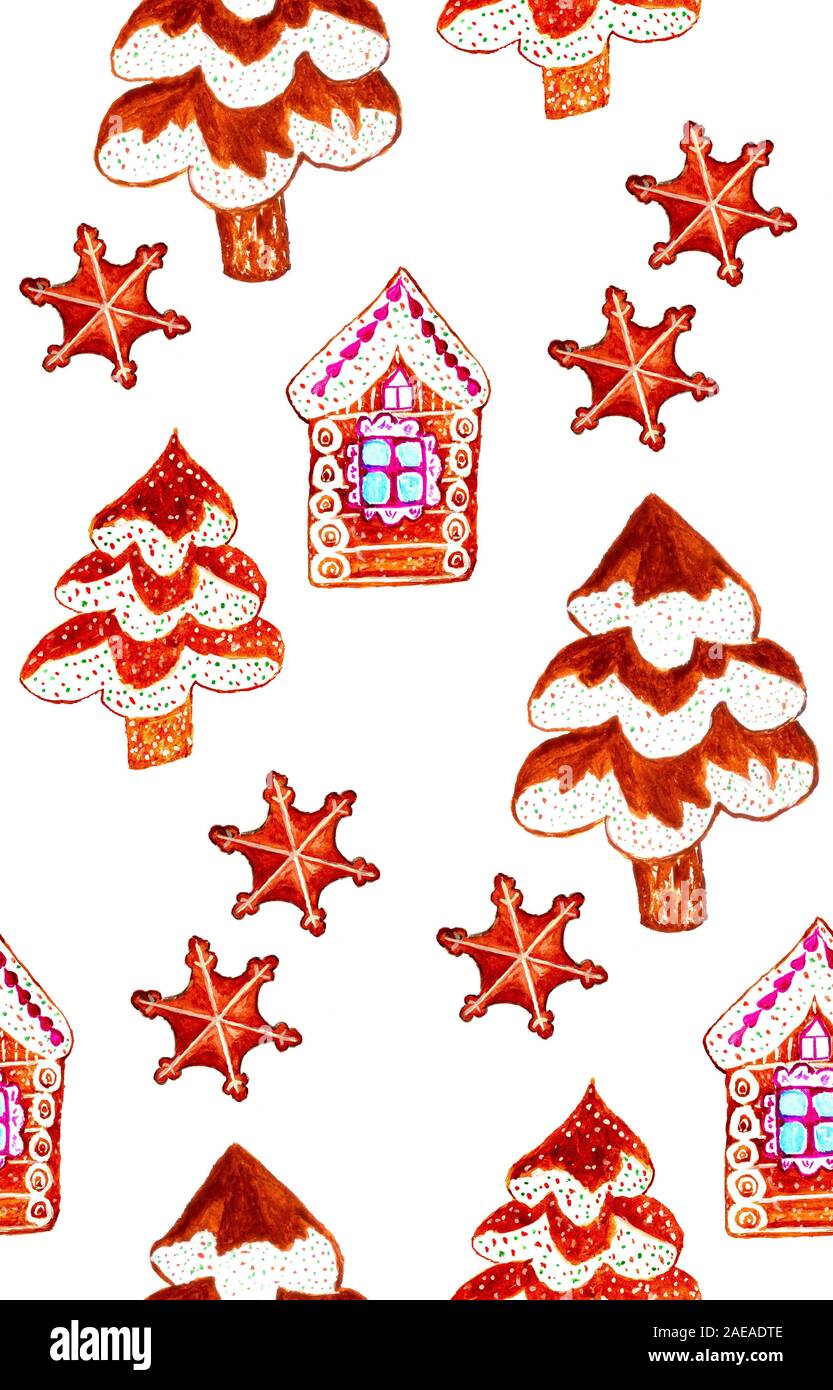 Transparente avec motif de noël gingerbread cookies maisons et arbres, l'aquarelle. Banque D'Images