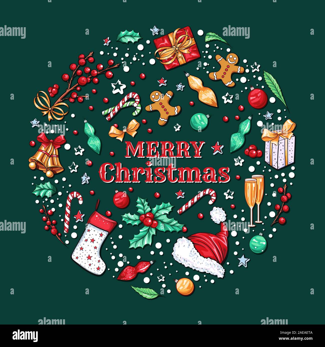 Joyeux Noël vecteur bannière modèle. Maison de vacances d'hiver les médias sociaux avec la mise en page après la tradition de Noël tiens. Nouvelle saison de l'année, la direction générale des symboles avec des baies de gui icônes sur fond rouge Illustration de Vecteur
