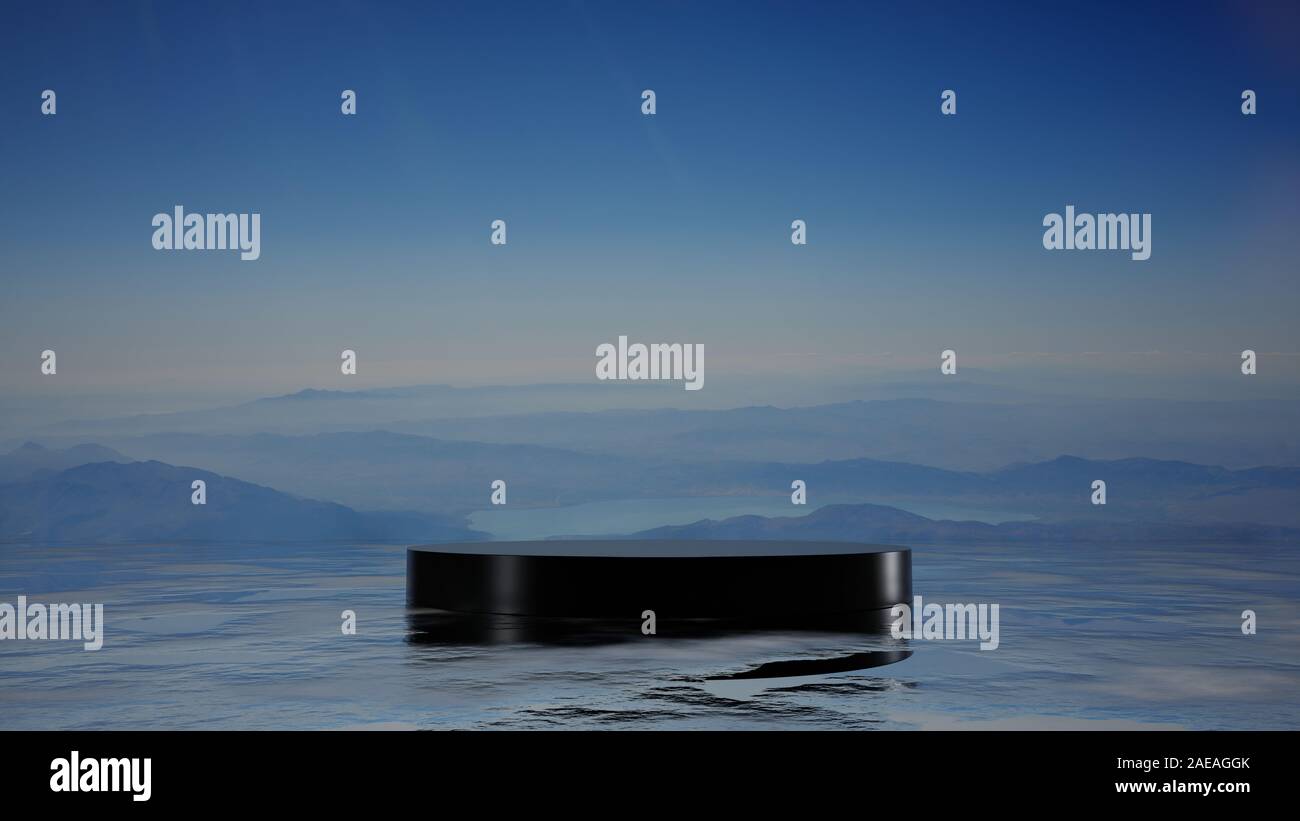 Un socle noir sur la surface de la mer. Dans le brouillard des montagnes en arrière-plan. 3D illustration. L'espace vide pour vos produits Banque D'Images