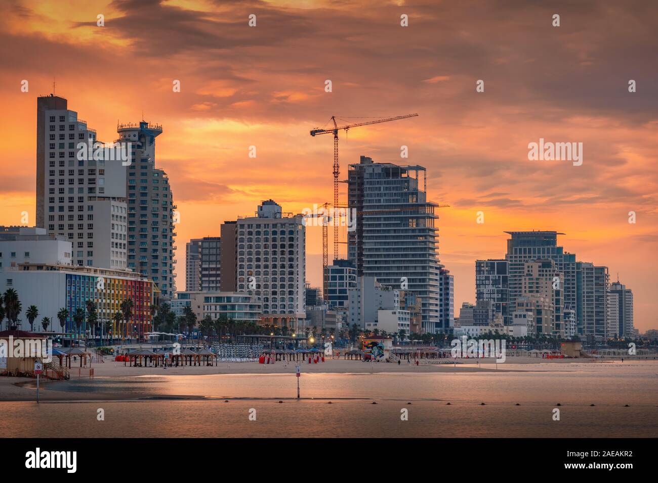 Tel Aviv Skyline, Israël. Cityscape image de Tel Aviv beach avec certains de ses célèbres hôtels durant le lever du soleil et la nuit Banque D'Images