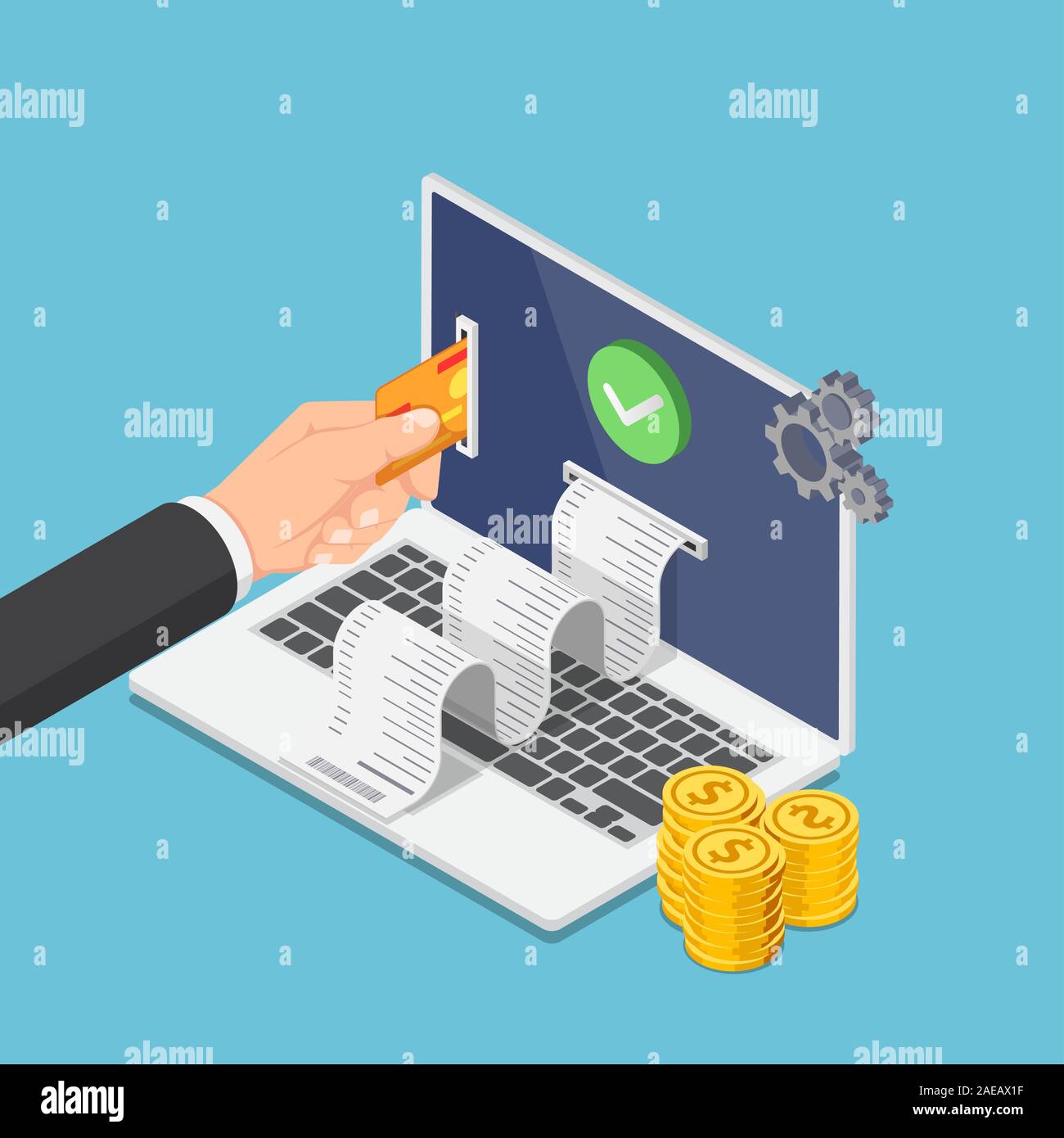 Télévision 3D isométrique businessman part mettre la carte de crédit sur le moniteur portable de payer de l'argent en ligne. Le paiement en ligne et transfert d'argent en ligne gratuit. Illustration de Vecteur