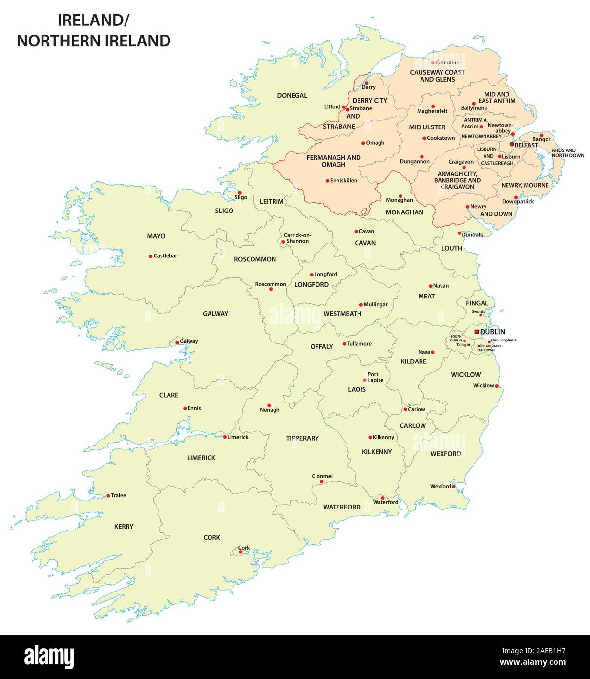 Carte administrative de l'Irlande et l'Irlande du Nord Illustration de Vecteur