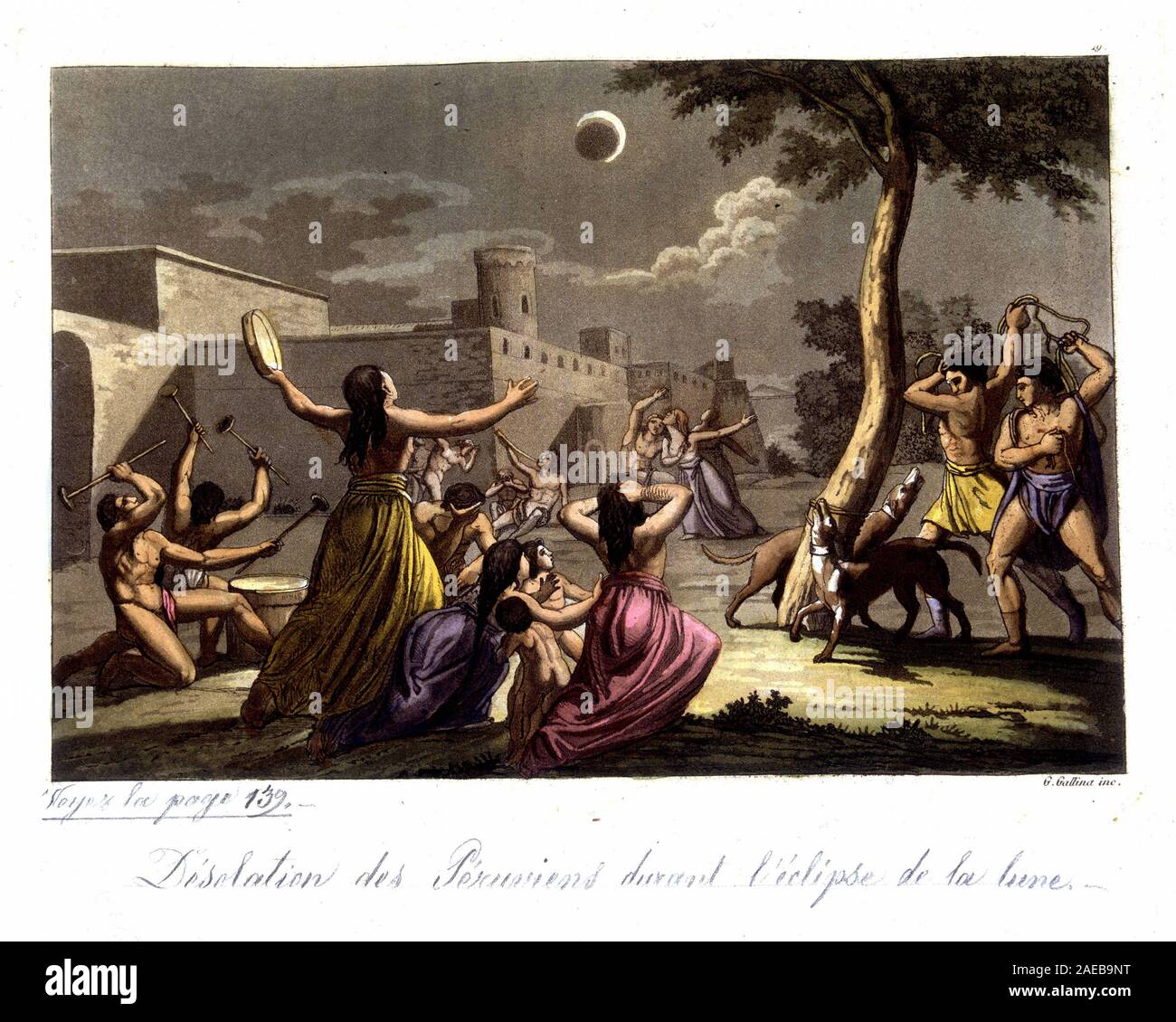 Anciens Peruviens (Incas) devant une eclipse de lune - dans 'Le Costume ancien et moderne" de Jules Ferrario, 1819-1820 Banque D'Images