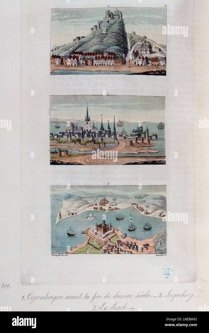 Les villes danoises de Copenhague, Segerberg et Sund, fin XVIIIeme siecle - dans 'Le costume ancien et moderne' par Ferrario, ed Milan, 1819-1820, Banque D'Images