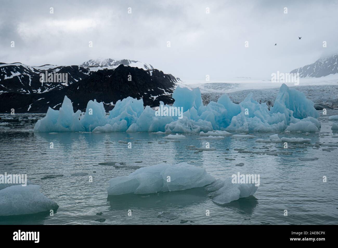 La glace bleu glacier d'Dahlbreen. La glace d'icebergs bleu contient moins de bulles que celles qui apparaissent plus ou moins blanc. Les jours de pluie leur couleur Banque D'Images