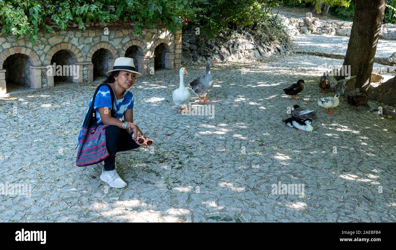 Femme Asiatique avec Fedora et lunettes à genoux en face de canards et oies et à la photographe au Jardin National d'Athènes en Grèce Banque D'Images