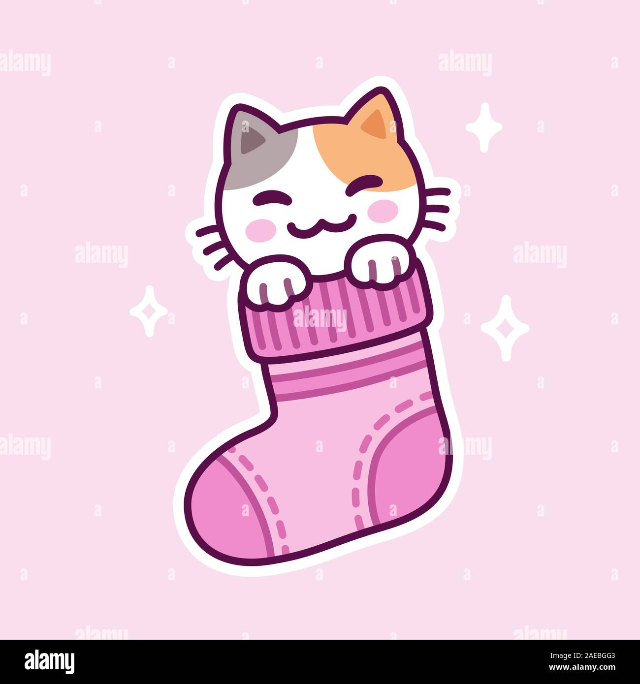 Cute cartoon dessin d'un chat dans la chaussette. Kitty kawaii dessiné à la main dans des bas moelleux. Vector clip art illustration. Illustration de Vecteur