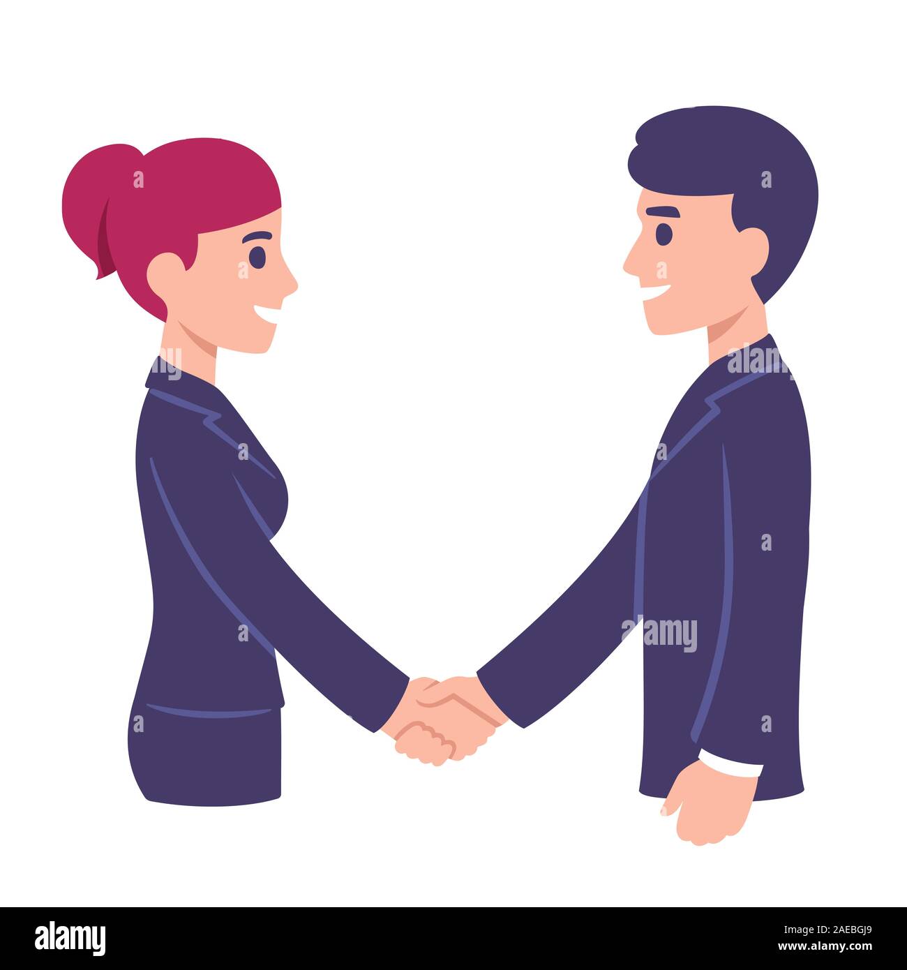 Business man and woman shaking hands. Les Gens en réunion de bureau, communication en milieu de travail. Cartoon style moderne vector clip art illustration. Illustration de Vecteur