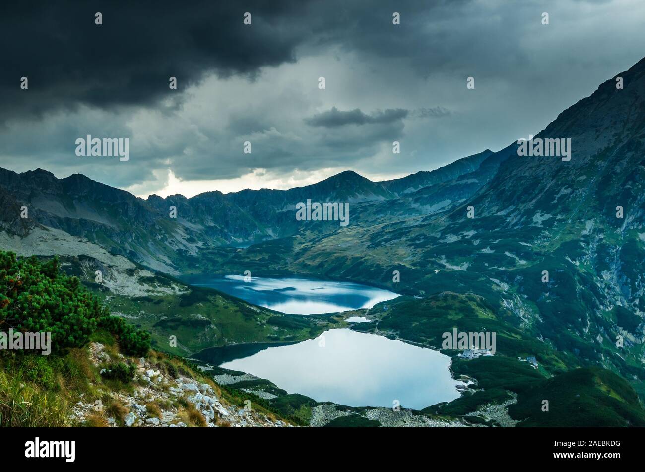 5 lacs dans la vallée de montagnes Tatras, en Pologne. Paysage avec des lacs et des crêtes en Pologne du massif Tatry Banque D'Images