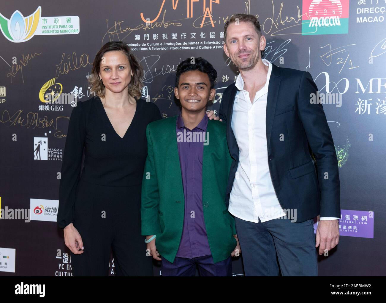 Macao, Chine. Le 08 mai 2019. La 4e International Film Festival et Prix 2019 Macao (IFFAM) Jour 4. Tapis rouge pour le film australien, flottabilité, L À R,producteur,Kristina Ceyton Sarm acteur Heng et directeur,Rodd Rathjen. Credit : HKPhotoNews/Alamy Live News Banque D'Images