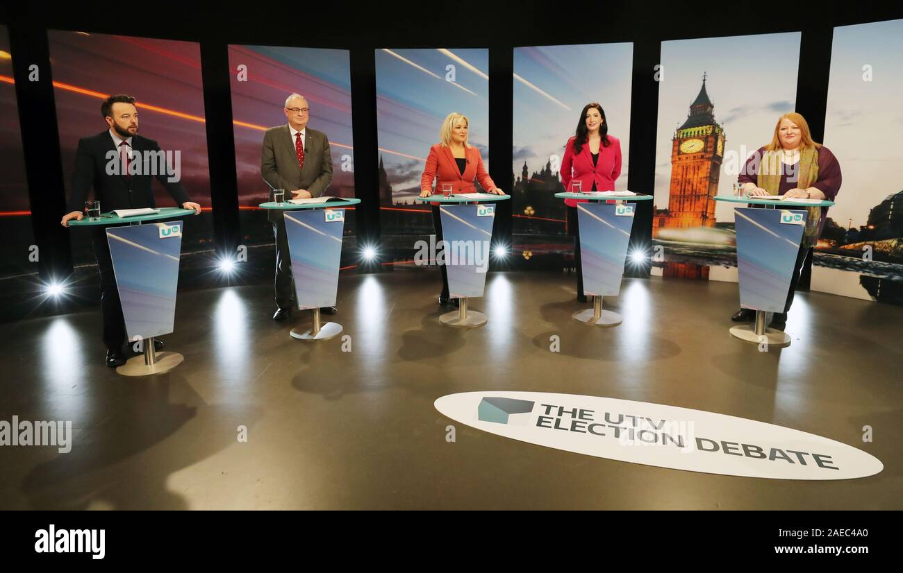 (De gauche à droite) Colum Eastwood, leader du SDLP, Steve Aiken, leader unioniste d'Ulster, Michelle O'Neill, leader adjointe du DUP South Belfast, Emma Little-Pengelly et Naomi long, chef de l'Alliance, pendant l'enregistrement du débat électoral de l'UTV au Queens film studio de Belfast. Banque D'Images