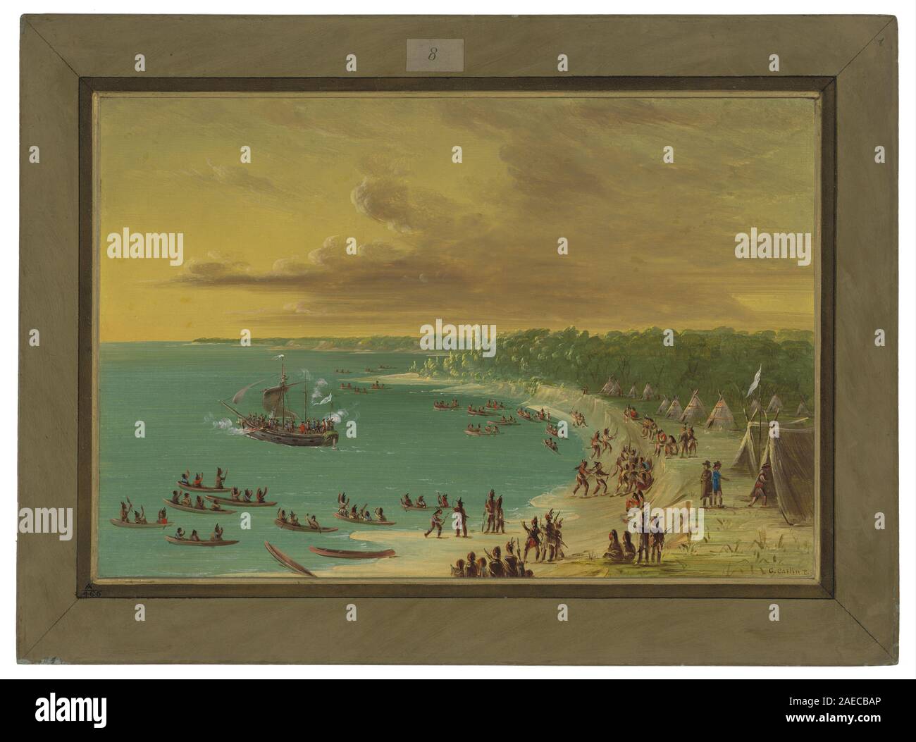 Tableau de George Catlin réalisé entre 1847 et 1848 représentant la première navigation du Griffin sur le lac Érié le 7 août 1679. L'œuvre illustre un événement maritime historique, un navire et une peinture de paysage américain du XIXe siècle. Banque D'Images