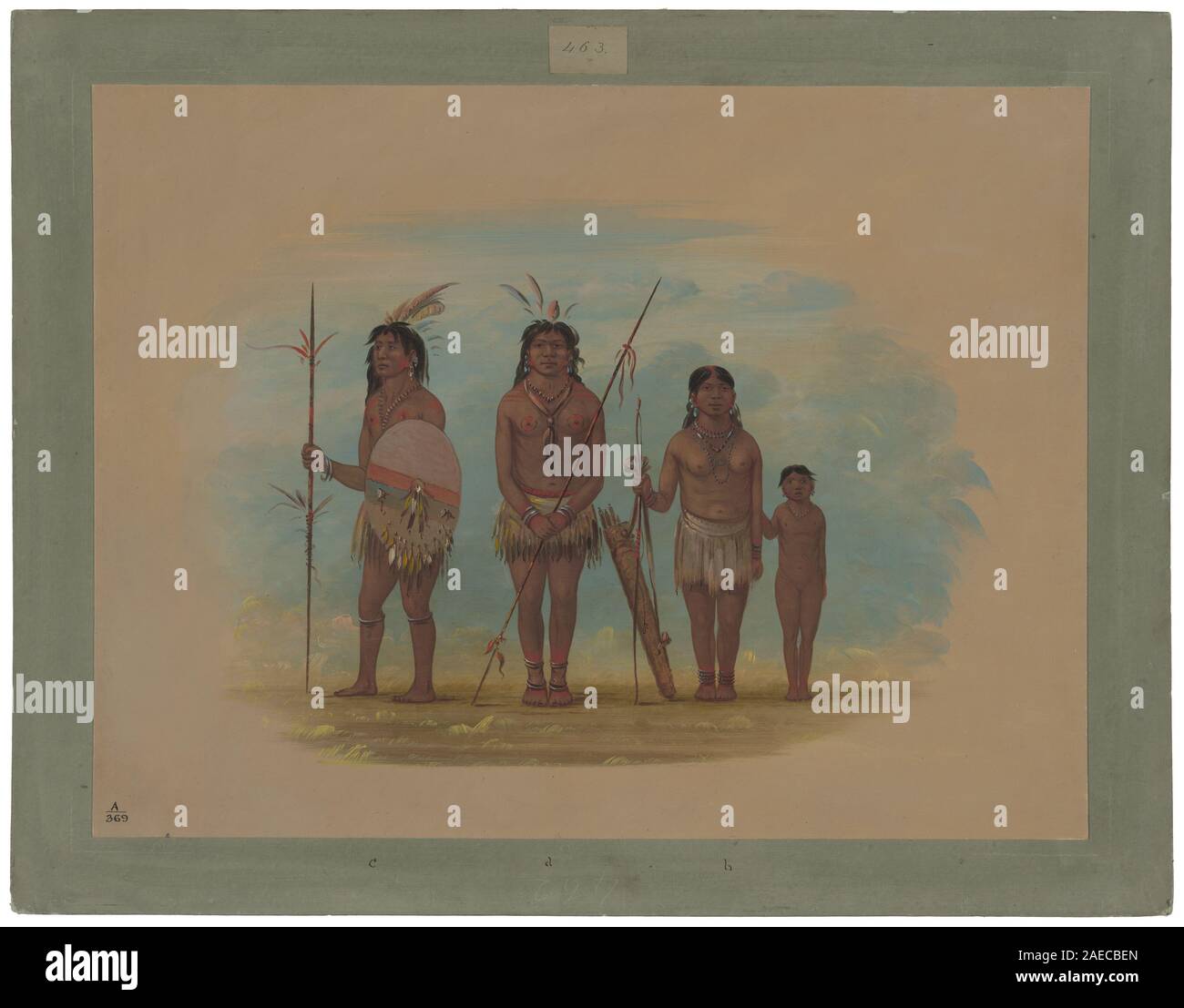 Cette peinture de George Catlin, datée de 1854-1869, représente quatre Indiens Xingu, montrant des vêtements traditionnels, des coiffures, une posture, des figures humaines, et la représentation culturelle dans un cadre nord-américain. Banque D'Images