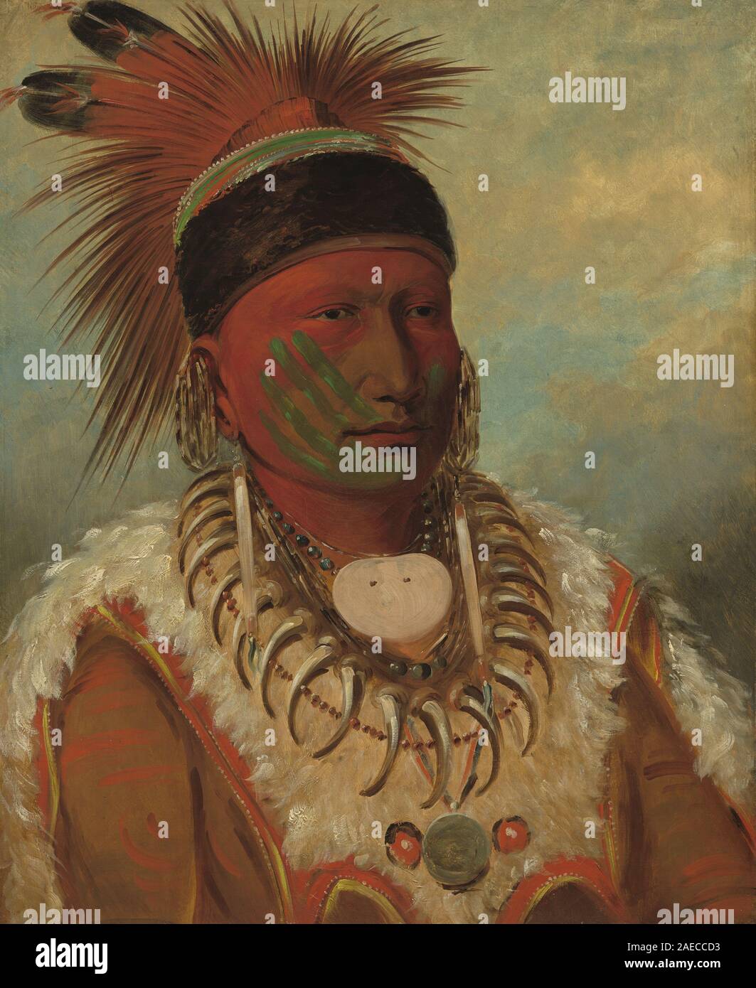 Peinture « le nuage blanc, chef des Iowas » par George Catlin, 1844-1845, représentant le chef de l'Iowa en tenue traditionnelle avec coiffe, posture et représentation culturelle. Banque D'Images