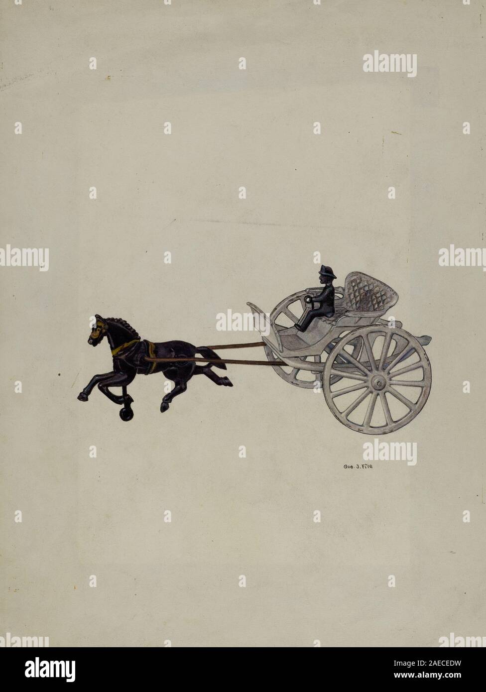 George File's Trotter and Gig Iron Toy (c. 1939) montre un cheval de fer miniature et un chariot jouet, mettant en évidence la métallurgie, la conception, les pièces mobiles, les surfaces peintes, et l'artisanat américain du 20ème siècle. Banque D'Images
