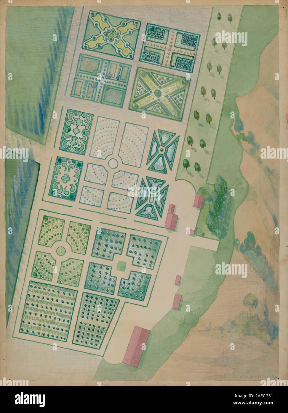 Dessin de George Stonehill, vers 1936, représentant les jardins de Ranelagh avec des chemins, des espaces paysagers, des arbres, des fontaines et des caractéristiques architecturales du jardin public. Banque D'Images