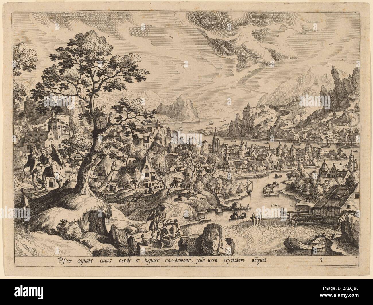 Cette gravure de Gerard de Jode d'après Hans bol représente l'histoire biblique de Tobias et de l'Ange, montrant l'ange instruisant Tobias de déposséder un poisson. L'image présente des figures détaillées, des éléments de paysage et un récit symbolique. Banque D'Images