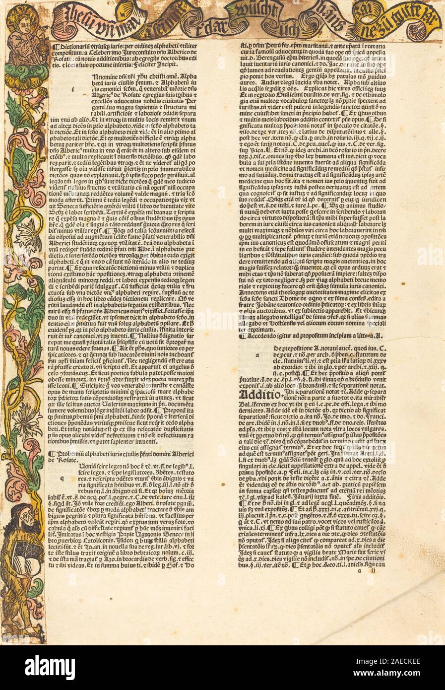 Une bordure d'almanach allemand du XVe siècle datant d'environ 1489 montrant des motifs décoratifs, des motifs floraux, des lignes complexes et des ornements manuscrits gothiques pour le texte calendaire. Banque D'Images