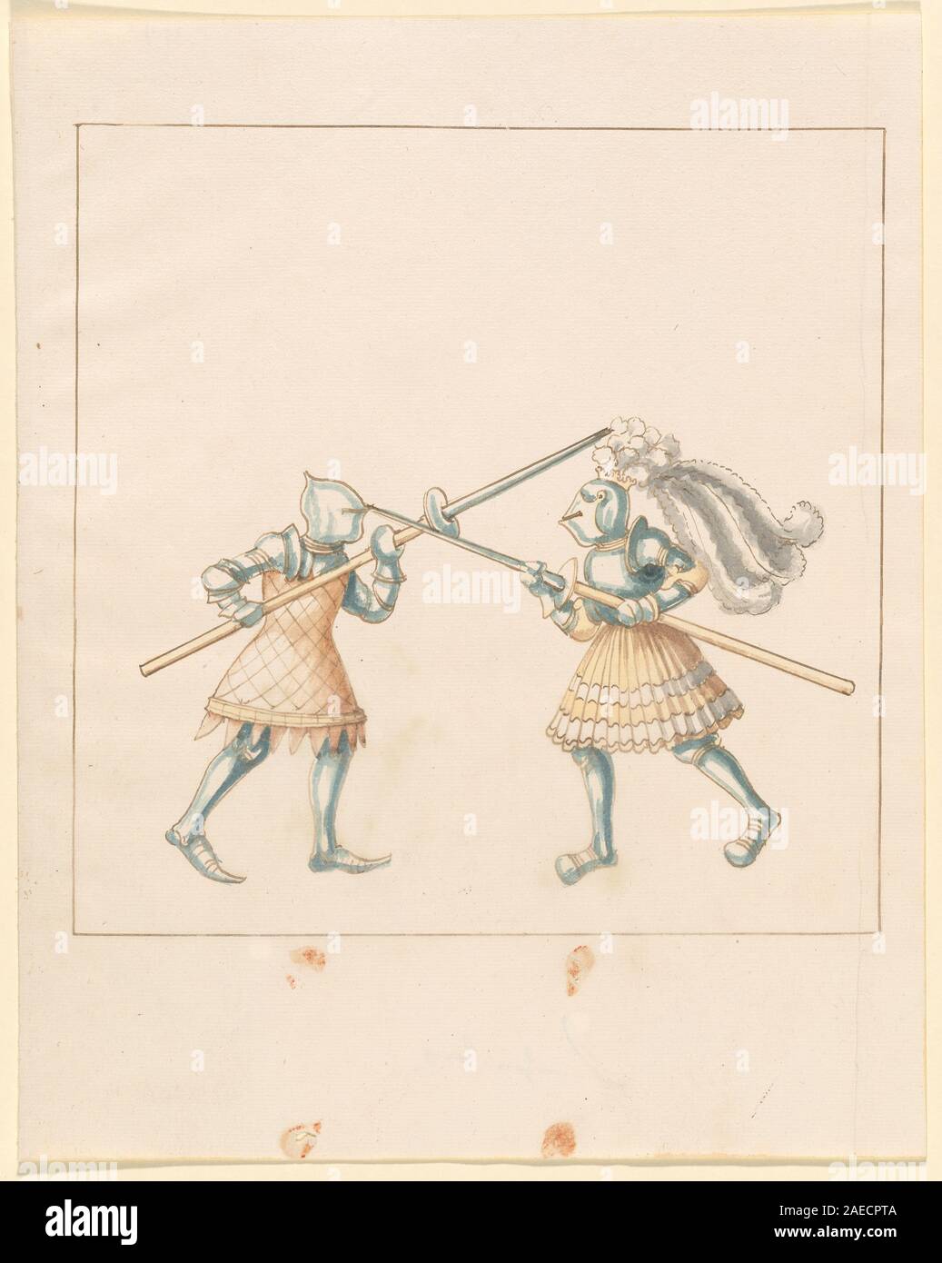 Un manuscrit enluminé allemand du XVIe siècle datant d'environ 1515 représentant des joutes de combat à pied dans les tournois de l'empereur Maximilien Ier, montrant des chevaliers blindés, des armes, des spectateurs, de l'héraldique, et ornementation détaillée. Banque D'Images