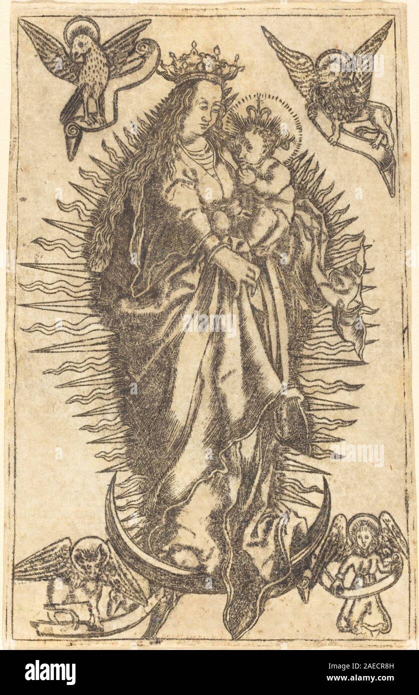 Une œuvre d'art allemande du XVIe siècle représentant la Vierge et l'enfant, montrant des figures, des gestes, des expressions faciales, des vêtements, et la composition religieuse. Banque D'Images