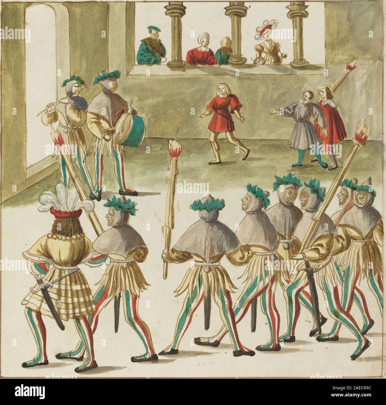 Peinture ou estampe allemande du XVIe siècle représentant une scène de mascarade créée vers 1515. L'œuvre illustre l'art de genre de la Renaissance du Nord, les costumes festifs et les rassemblements sociaux. Banque D'Images
