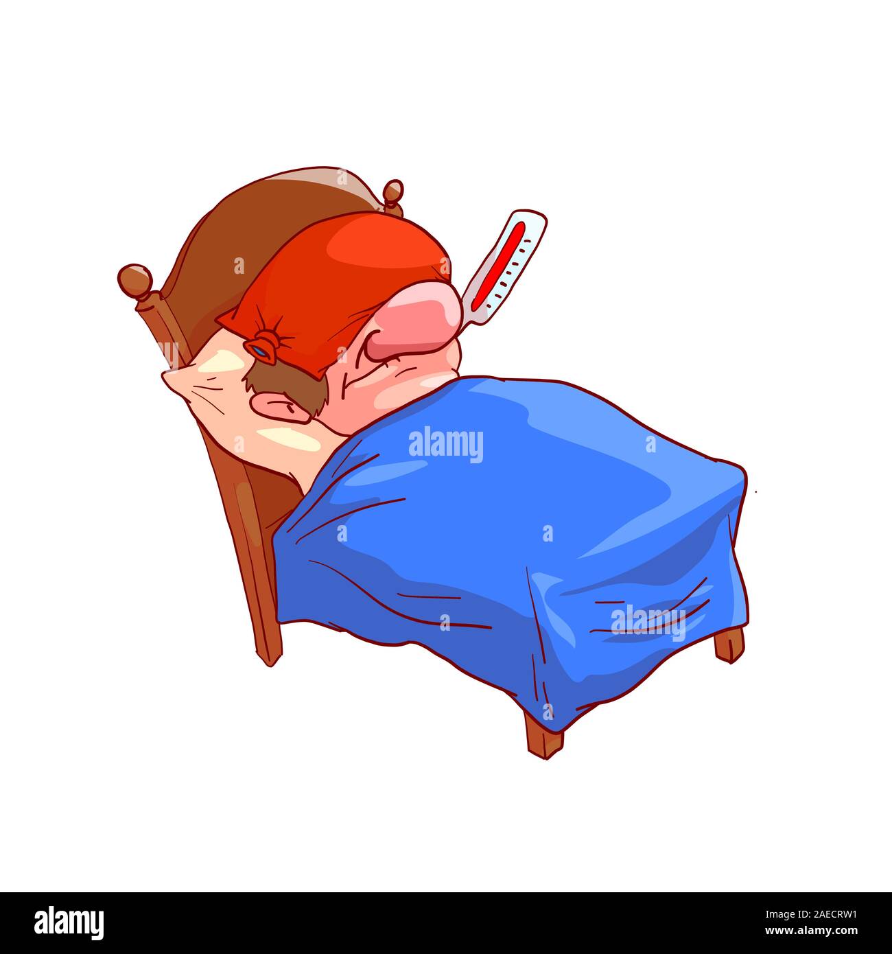 Colorful vector illustration d'un homme malade ne se sent pas bien dans le lit Illustration de Vecteur