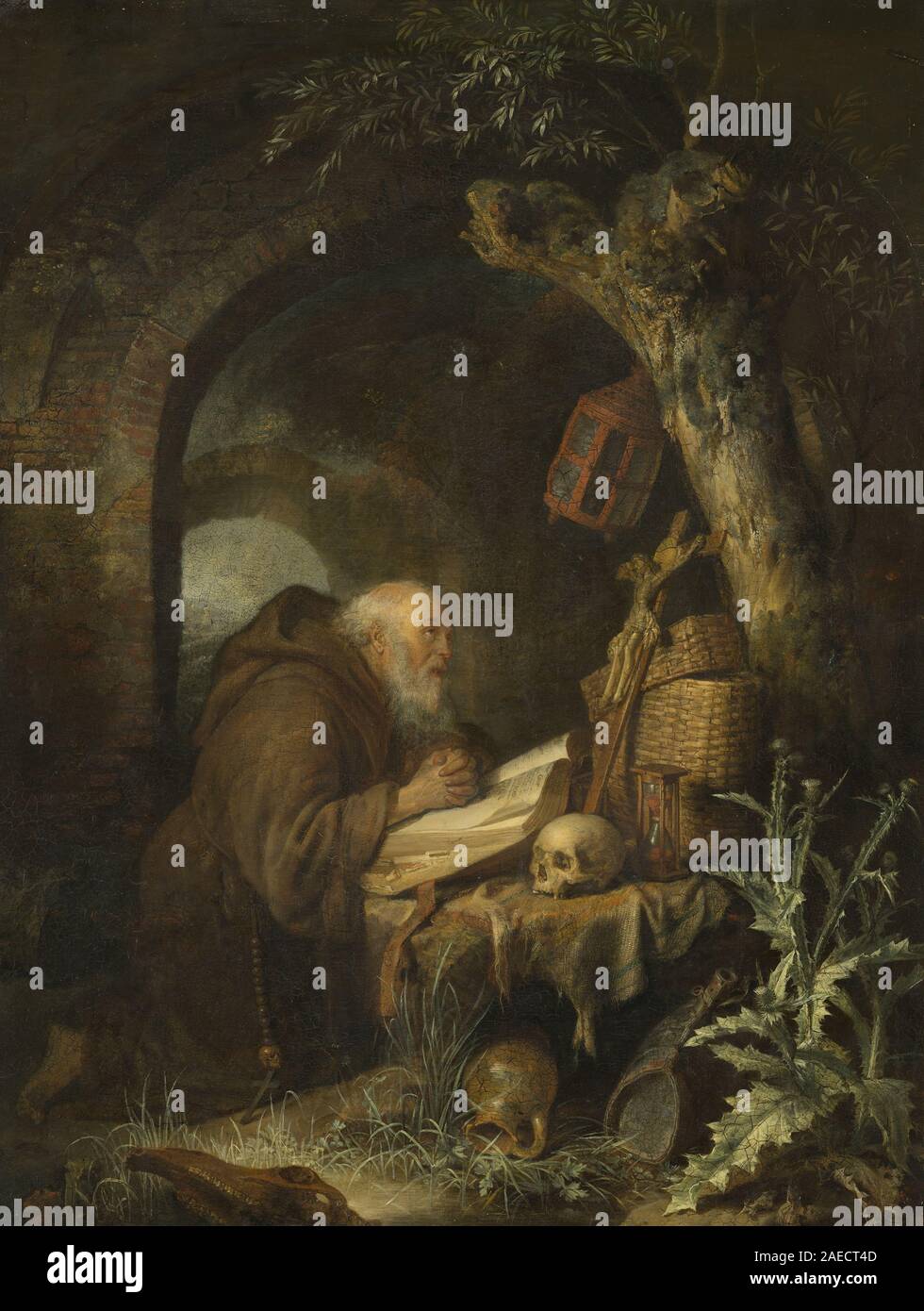 Une peinture de 1670 de Gerrit Dou représentant un ermite dans un intérieur solitaire, montrant une figure détaillée, des vêtements, des effets de lumière et des caractéristiques de la peinture de genre hollandaise du XVIIe siècle. Banque D'Images